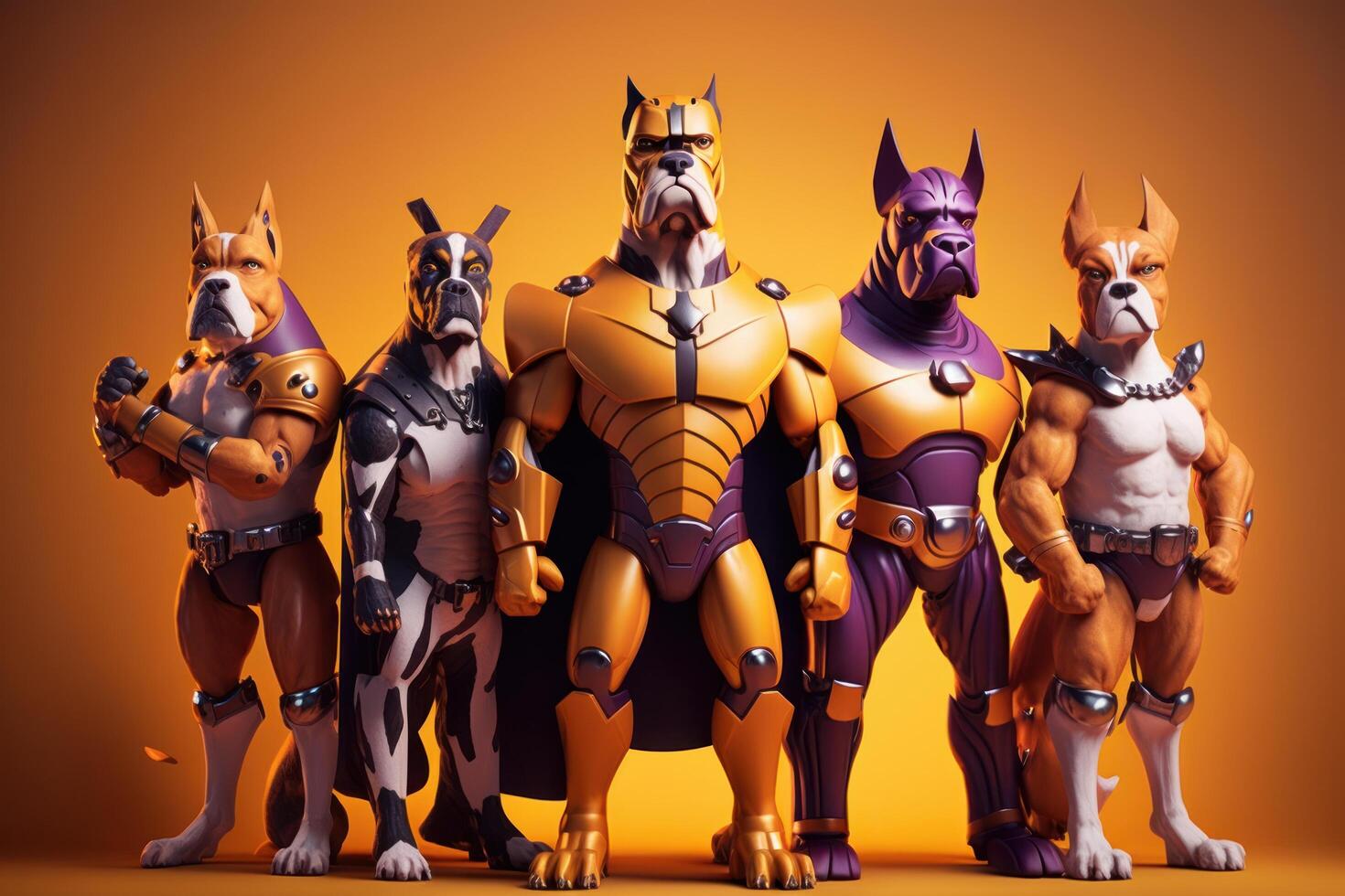 Gang of dog as superheroes with cape on orange background. Created photo