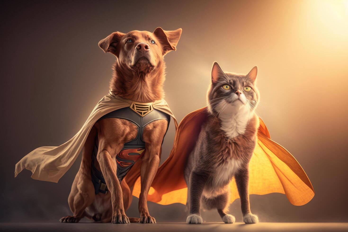 Superpet Cat and Dog as superheroes with cape on orange background. Created photo