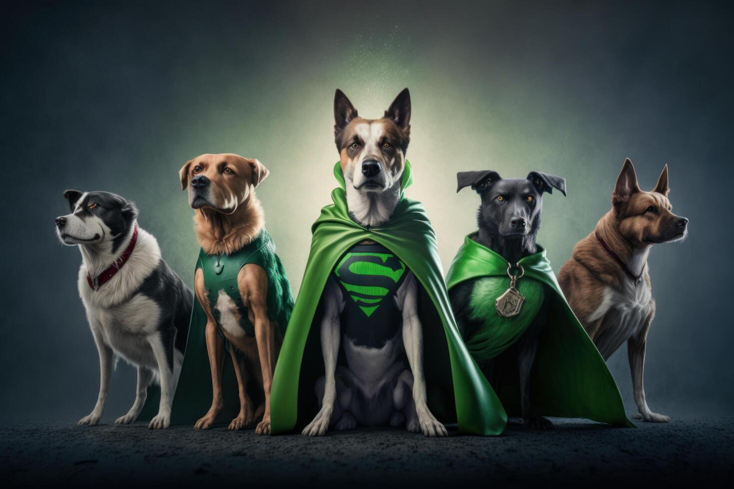 Gang of dog as superheroes with cape on green background. Created photo