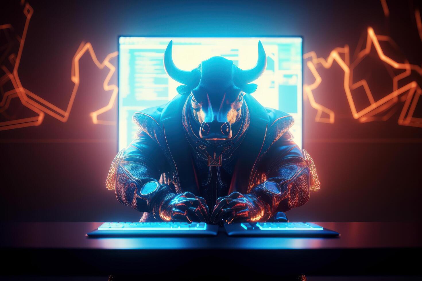 Bull trading with computer background, Bullish in Stock market and Crypto currency. Created photo