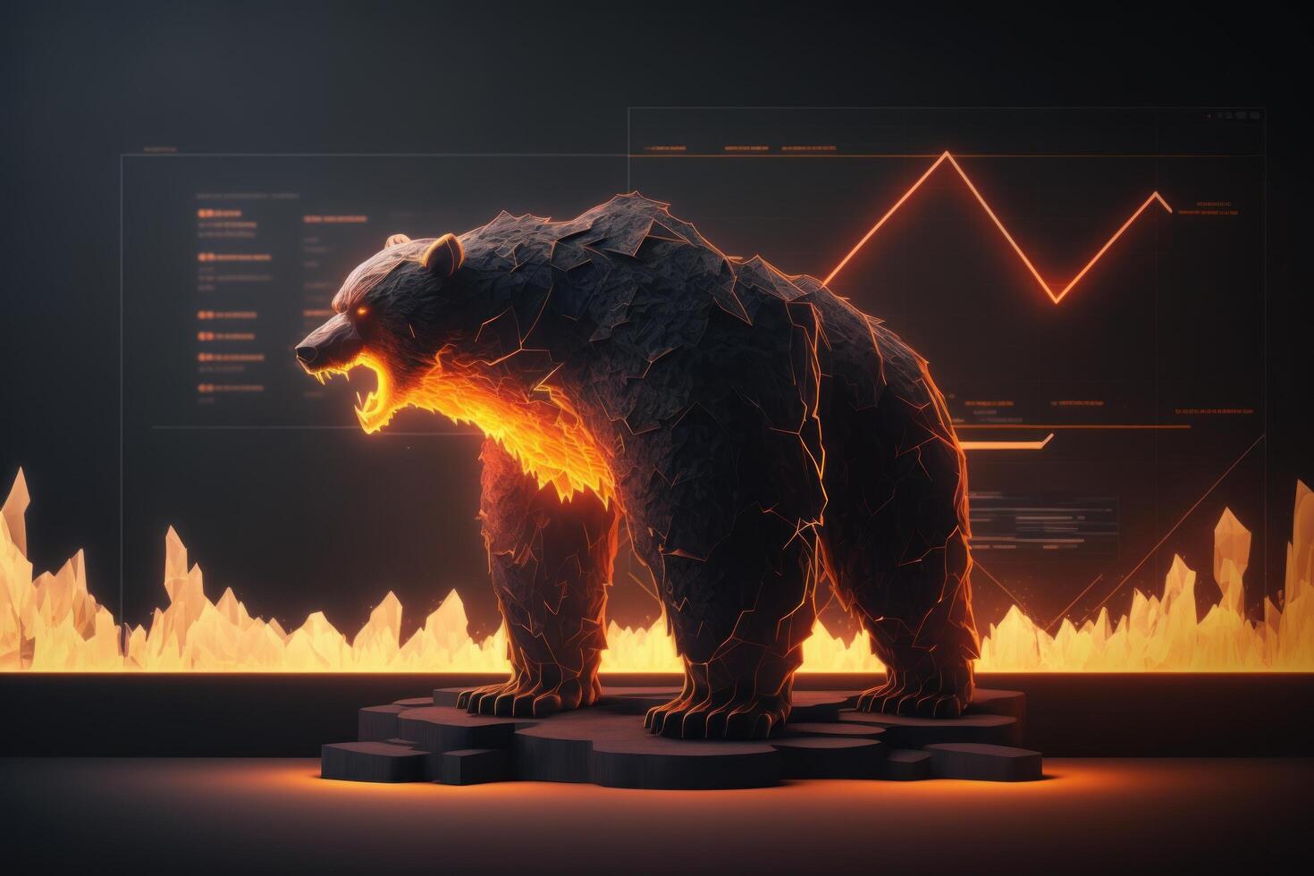 fuego escultura de oso, osuno divergencia en valores mercado y cripto divisa. creado generativo ai foto