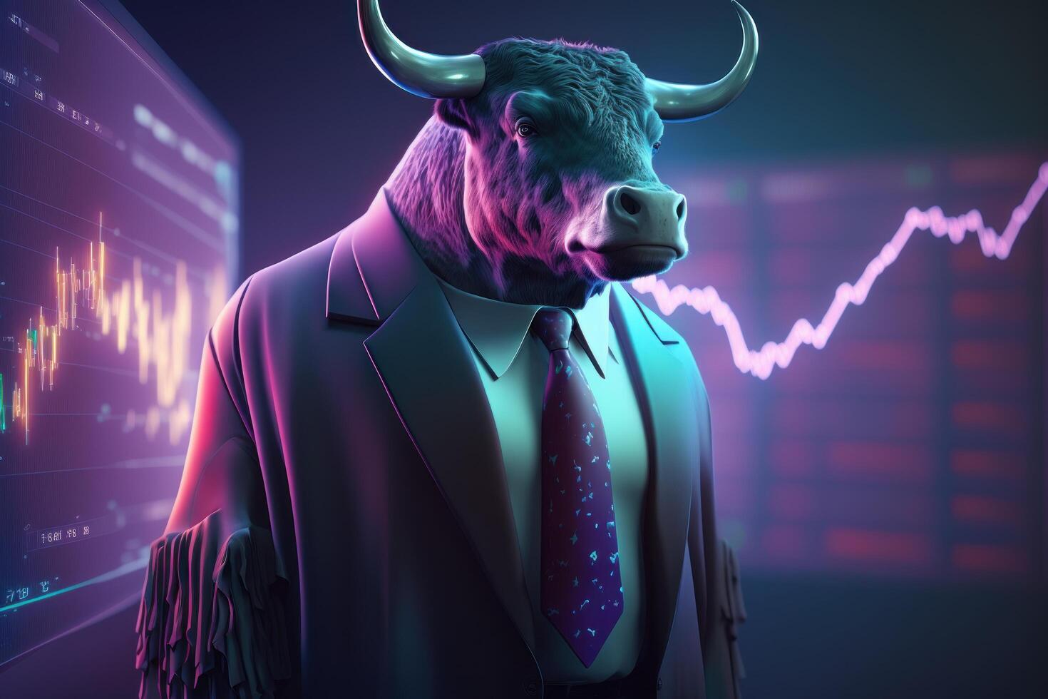 Bull wearing suit working with graph on screen, Bullish in Stock market and Crypto currency. Created photo