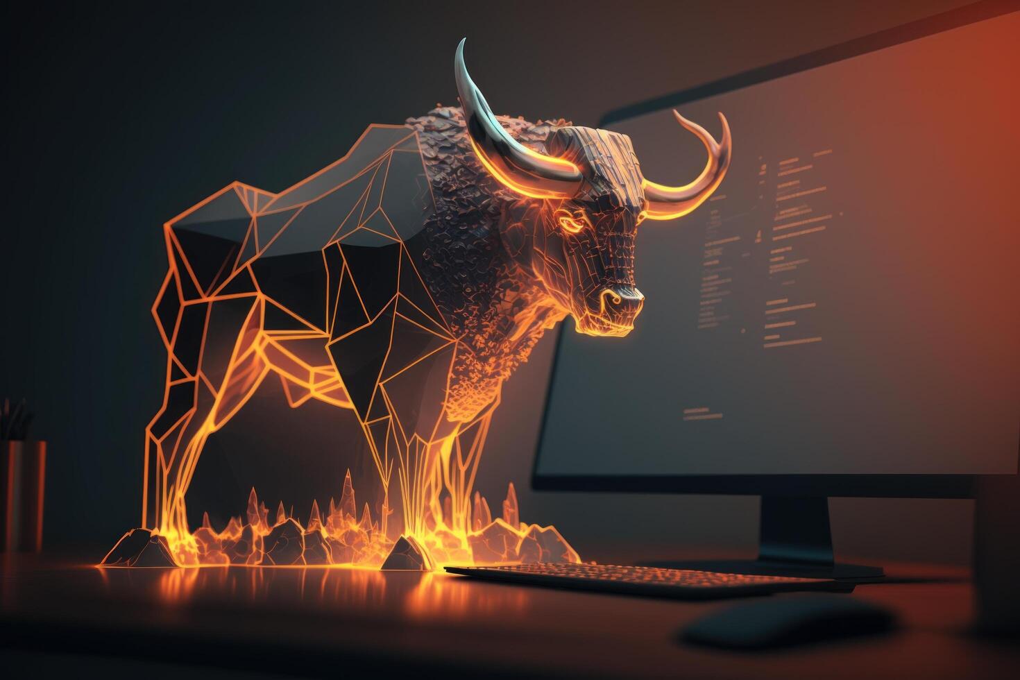 Fire sculpture of bull in front of computer screen, Bullish divergence in Stock market and Crypto currency. Created photo