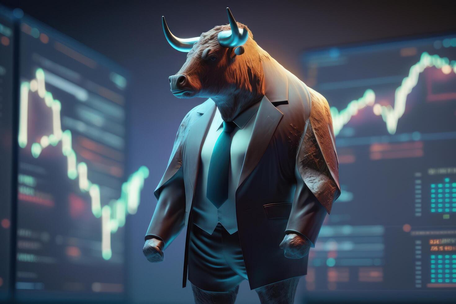 Bull wearing suit working with graph on screen, Bullish in Stock market and Crypto currency. Created photo