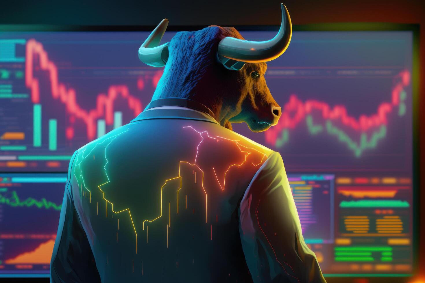 Bull wearing suit working with graph on screen, Bullish in Stock market and Crypto currency. Created photo