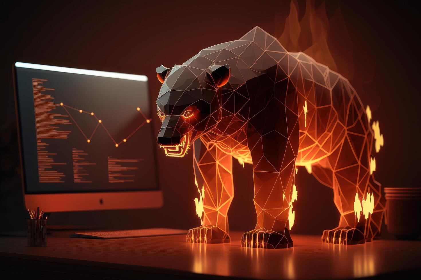 Fire sculpture of bear in front of computer screen, Bearish divergence in Stock market and Crypto currency. Created photo