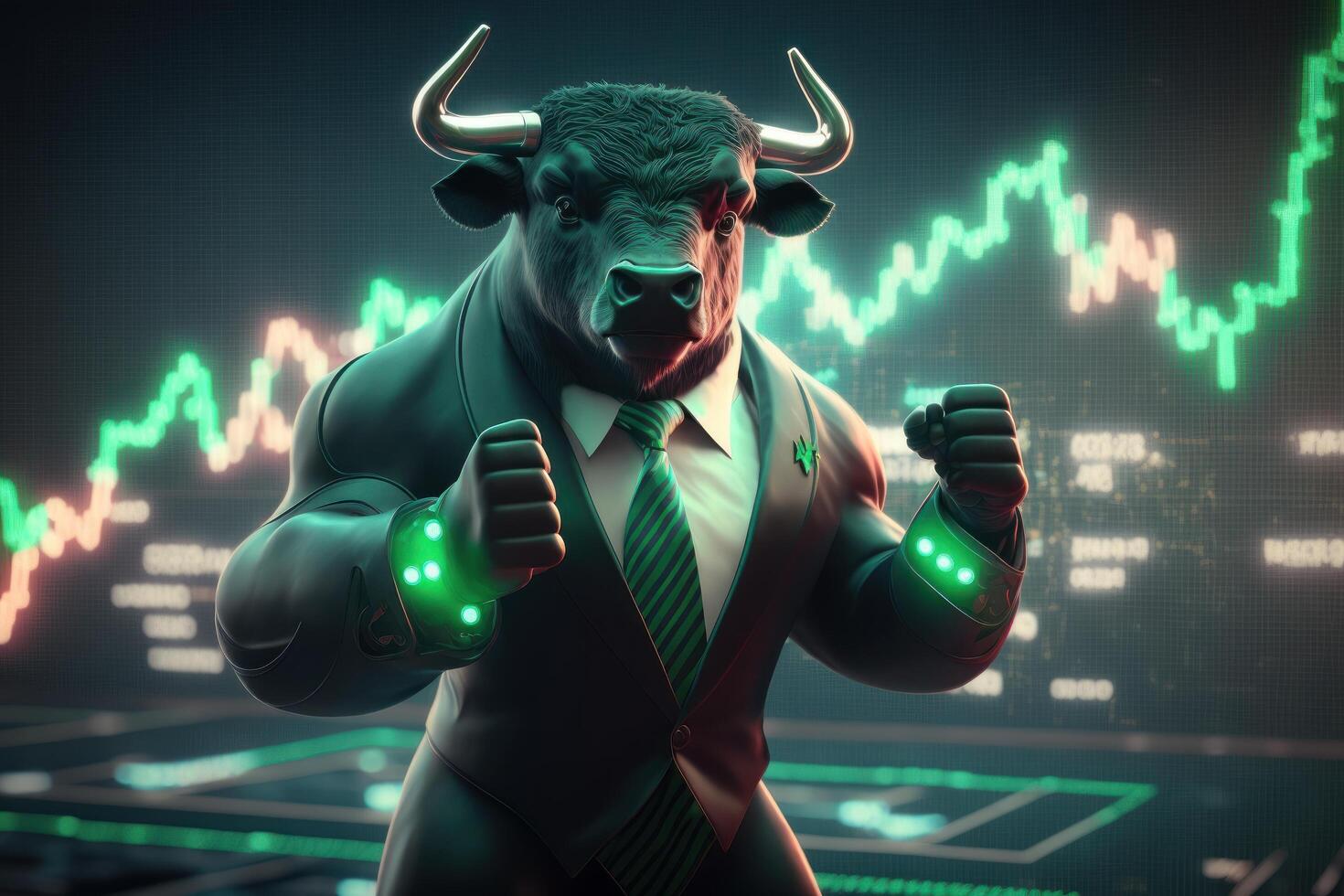 Bull bullish divergence in Stock market and Crypto currency with green graph background. Created photo