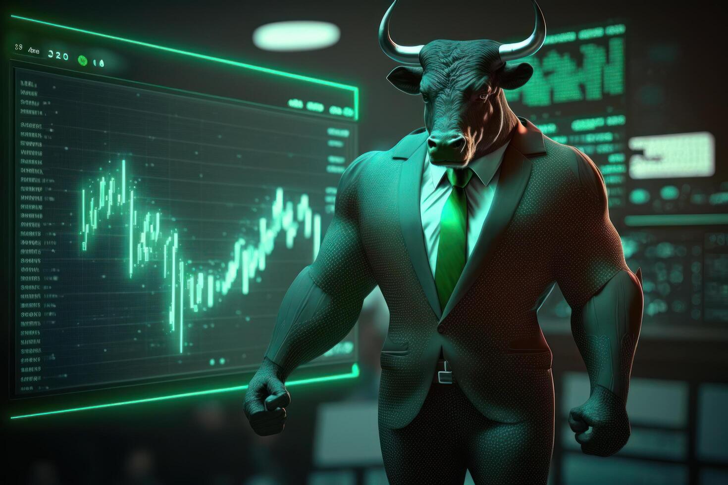 Bull bullish divergence in Stock market and Crypto currency with green graph background. Created photo