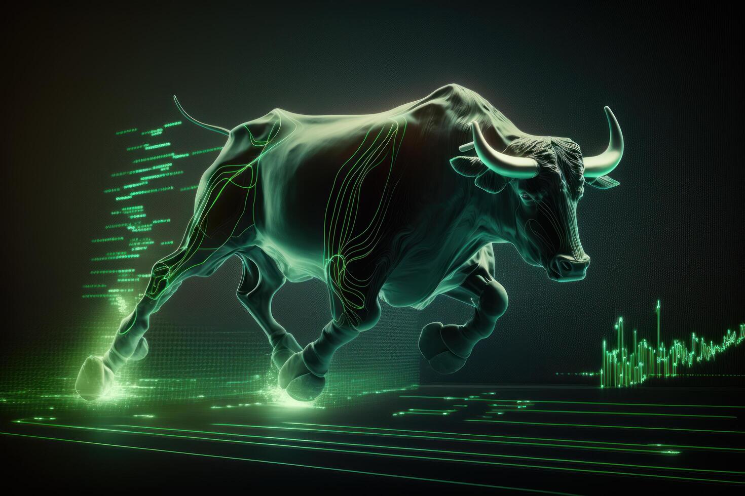 Bull bullish divergence in Stock market and Crypto currency with green graph background. Created photo