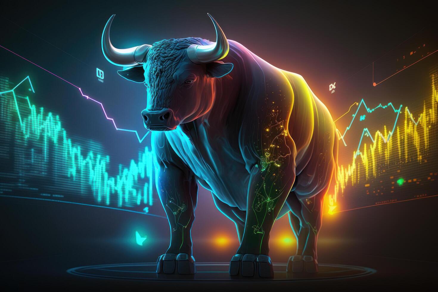 Bull trading with computer background, Bullish in Stock market and Crypto currency. Created photo