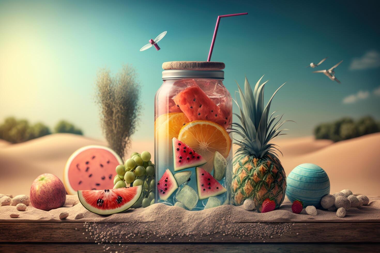 Summer time background with travelling elements. Created photo