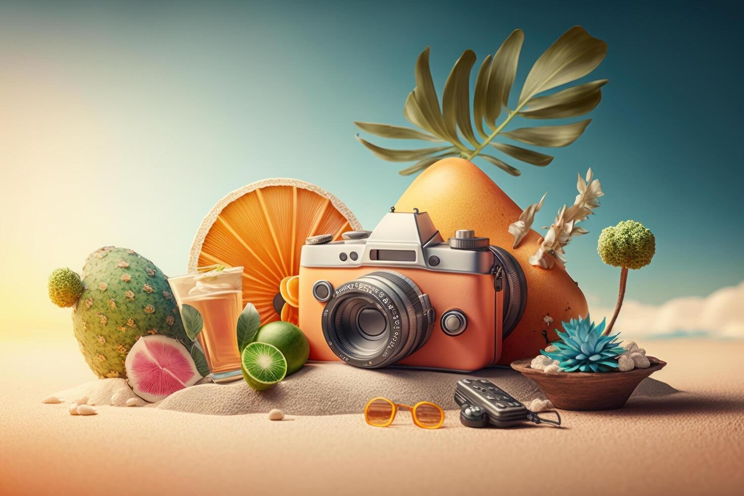 Summer time background with travelling elements. Created photo