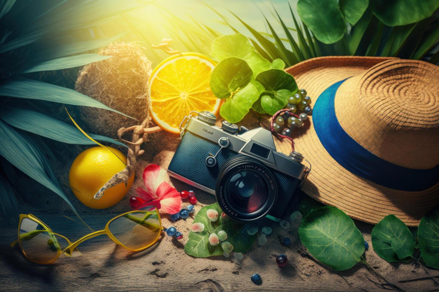 Summer time background with travelling elements. Created photo