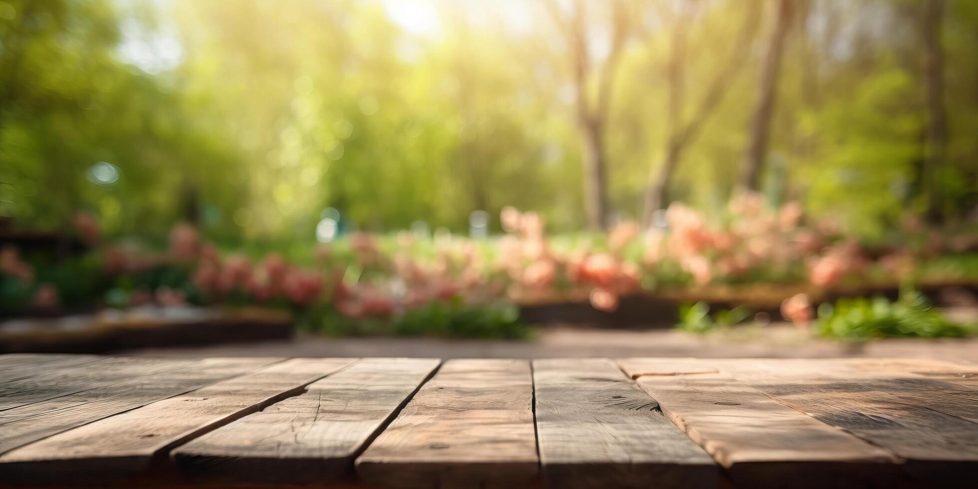 vacío de madera mesa en primavera jardín borroso fondo, gratis espacio para producto mostrar. generativo ai foto