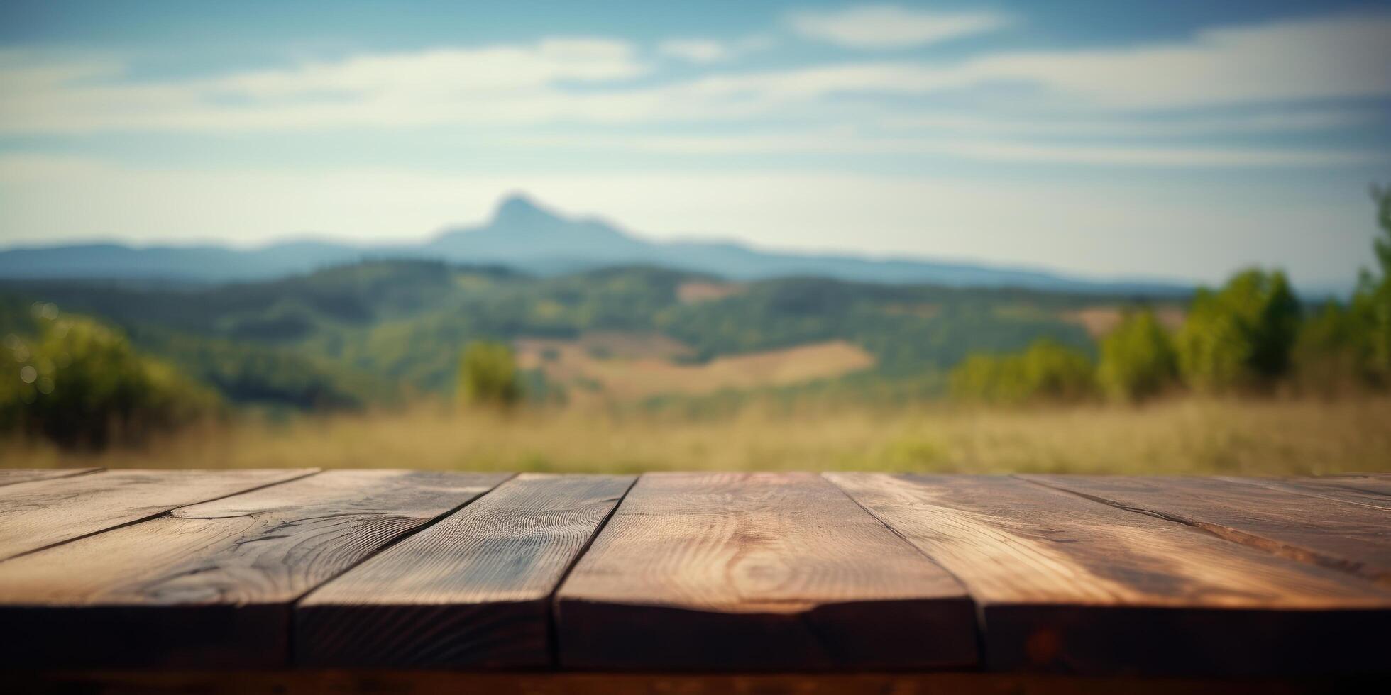 Empty wooden table with green mountain background, Free space for product display. photo