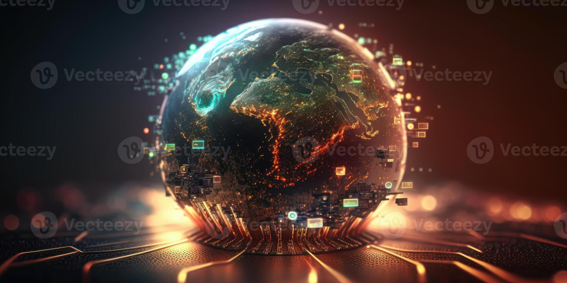 Futuristic cyber earth background, Digital world and Global network connection. photo