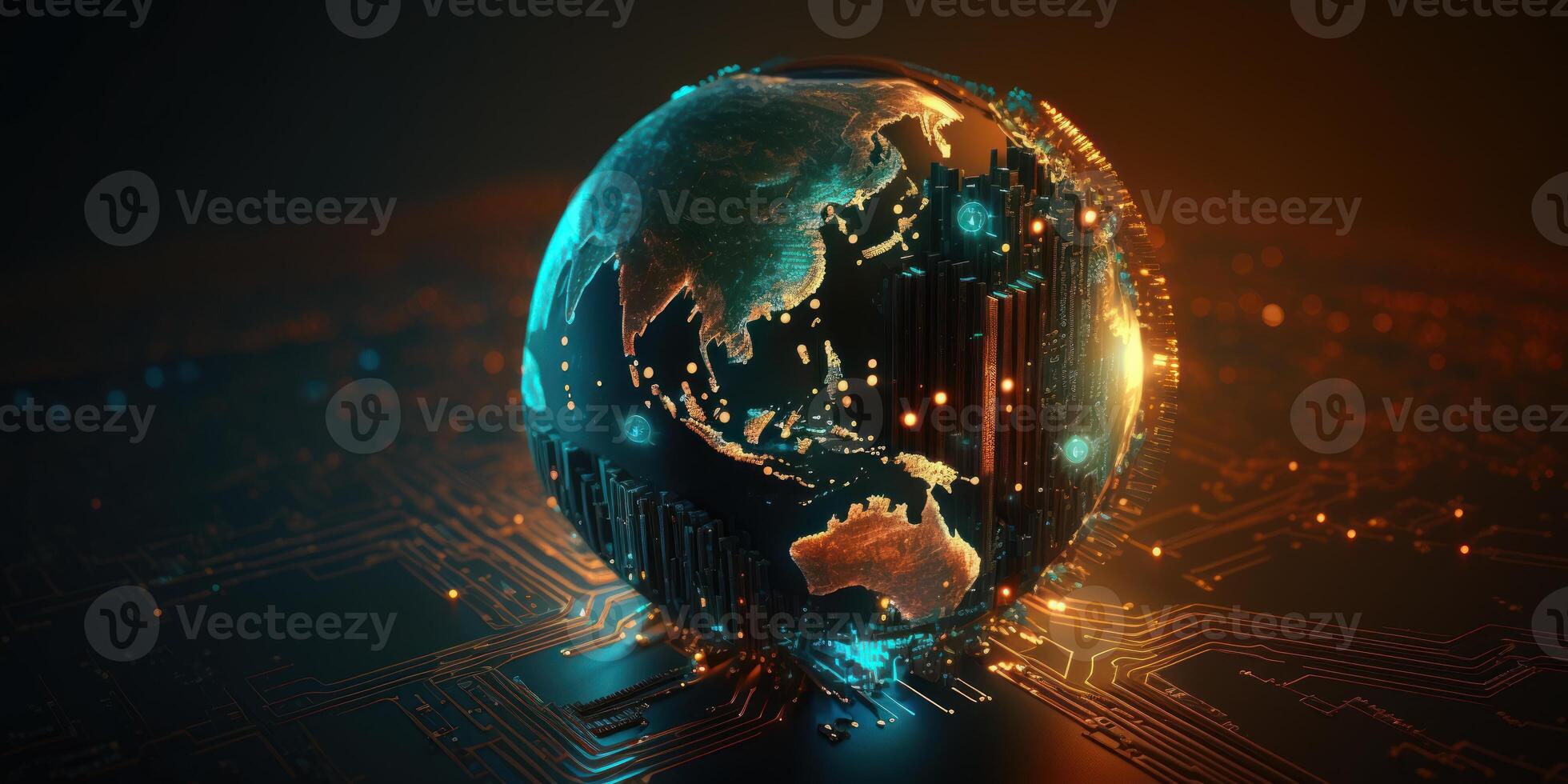 Futuristic cyber earth background, Digital world and Global network connection. photo