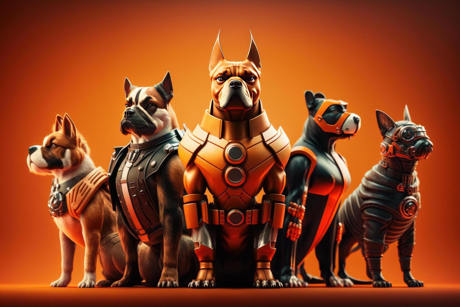 Gang of dog as superheroes with cape on orange background. Created photo