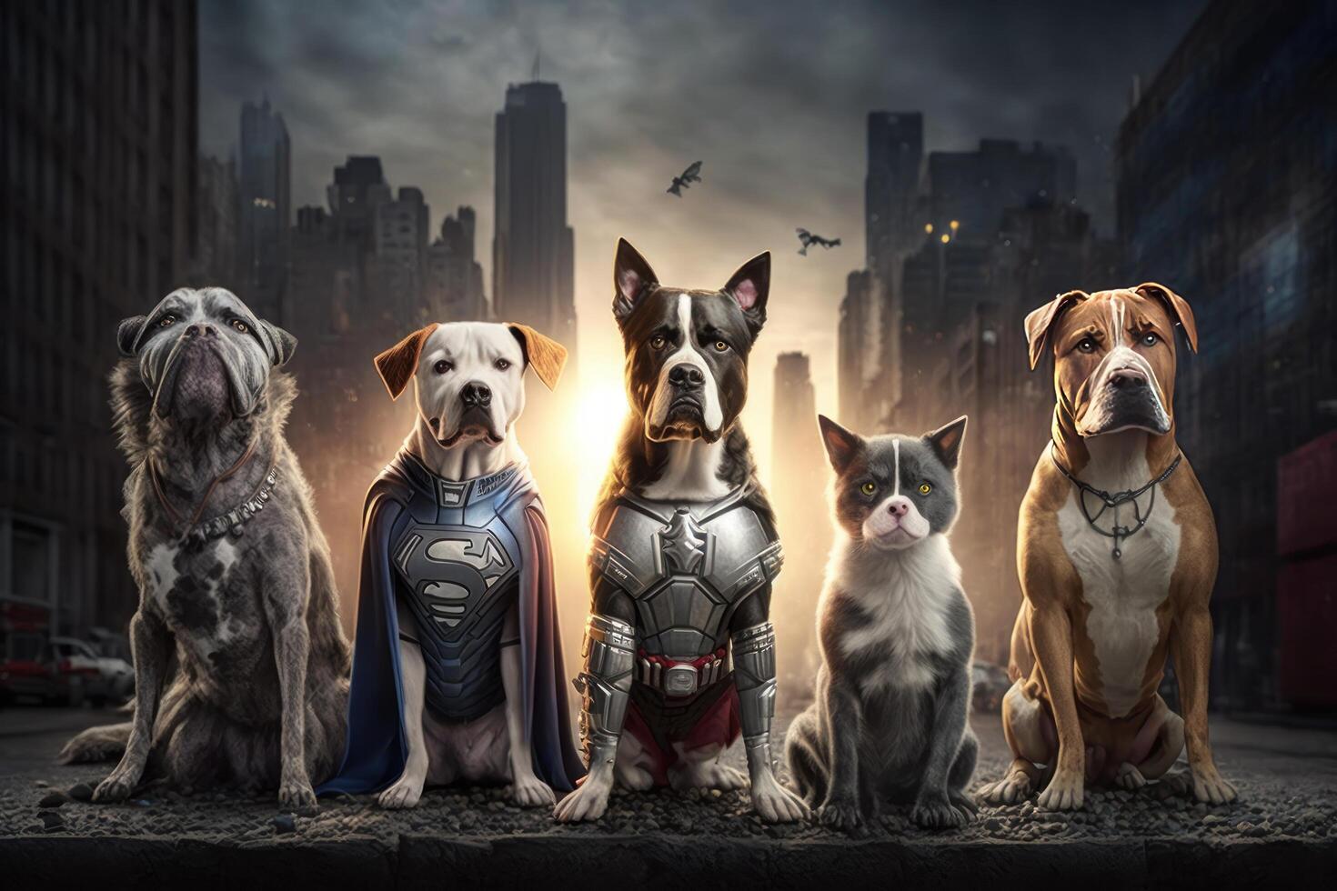 Gang of dogs as superheroes with cape on cityscape background. Created photo