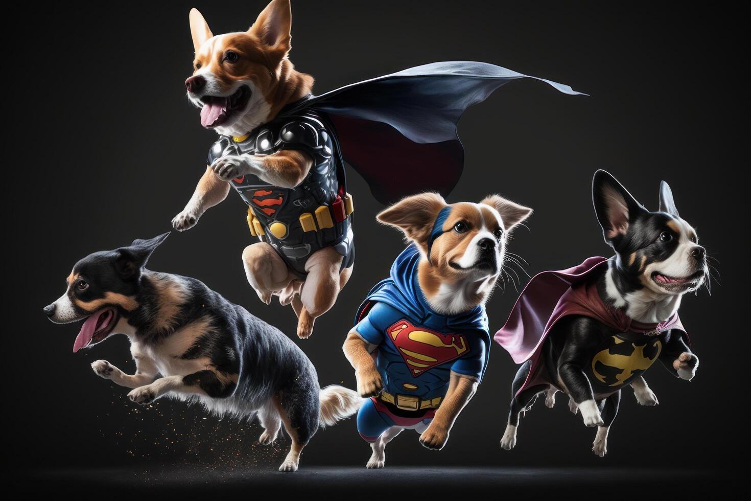 Gang of dog as superheroes with cape on dark background. Created photo