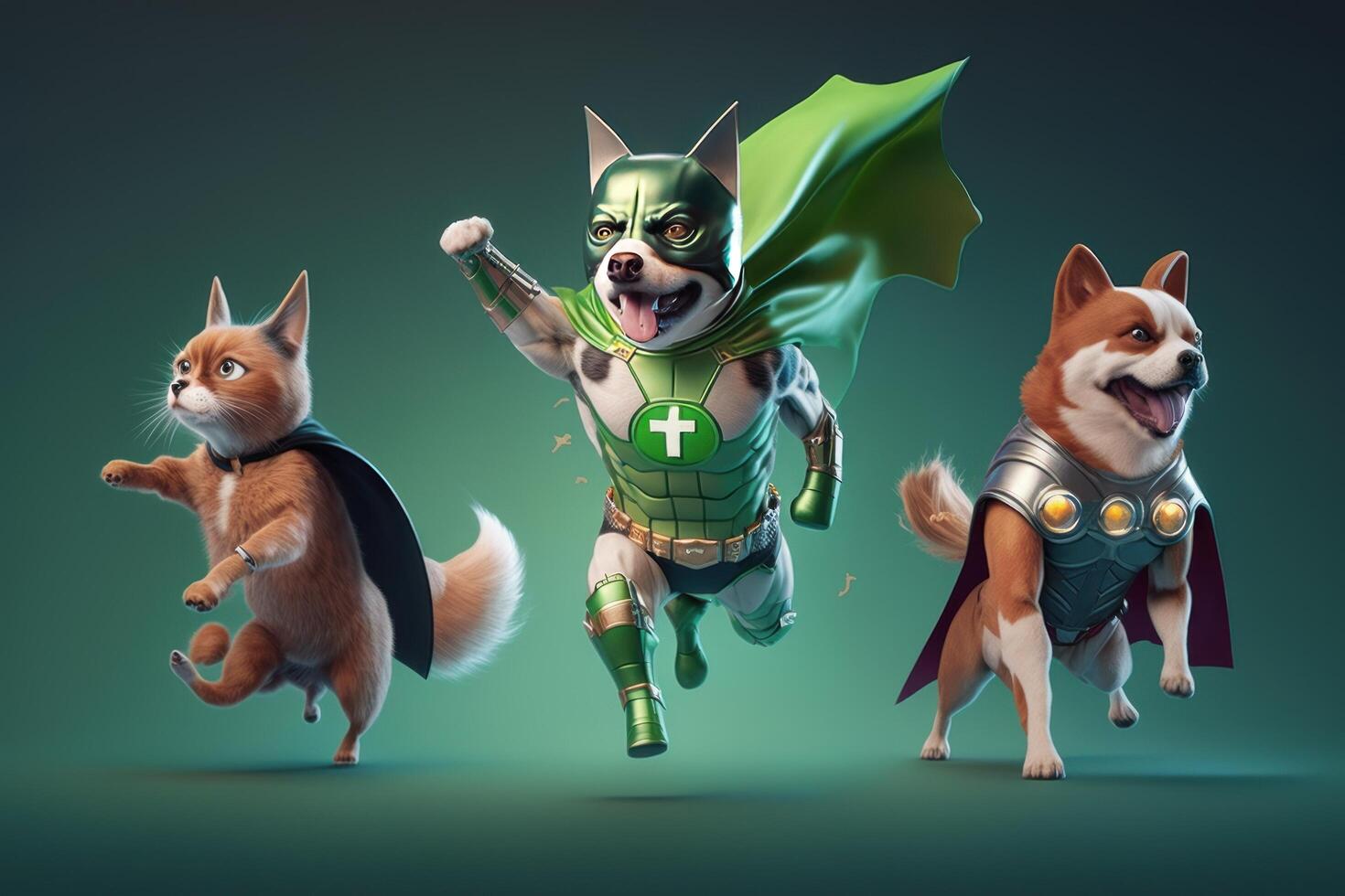 Gang of dog as superheroes with cape on green background. Created photo