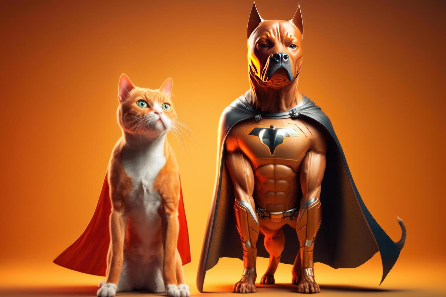 Superpet Cat and Dog as superheroes with cape on orange background. Created photo