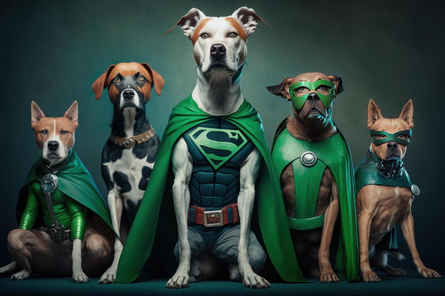 Gang of dog as superheroes with cape on green background. Created photo