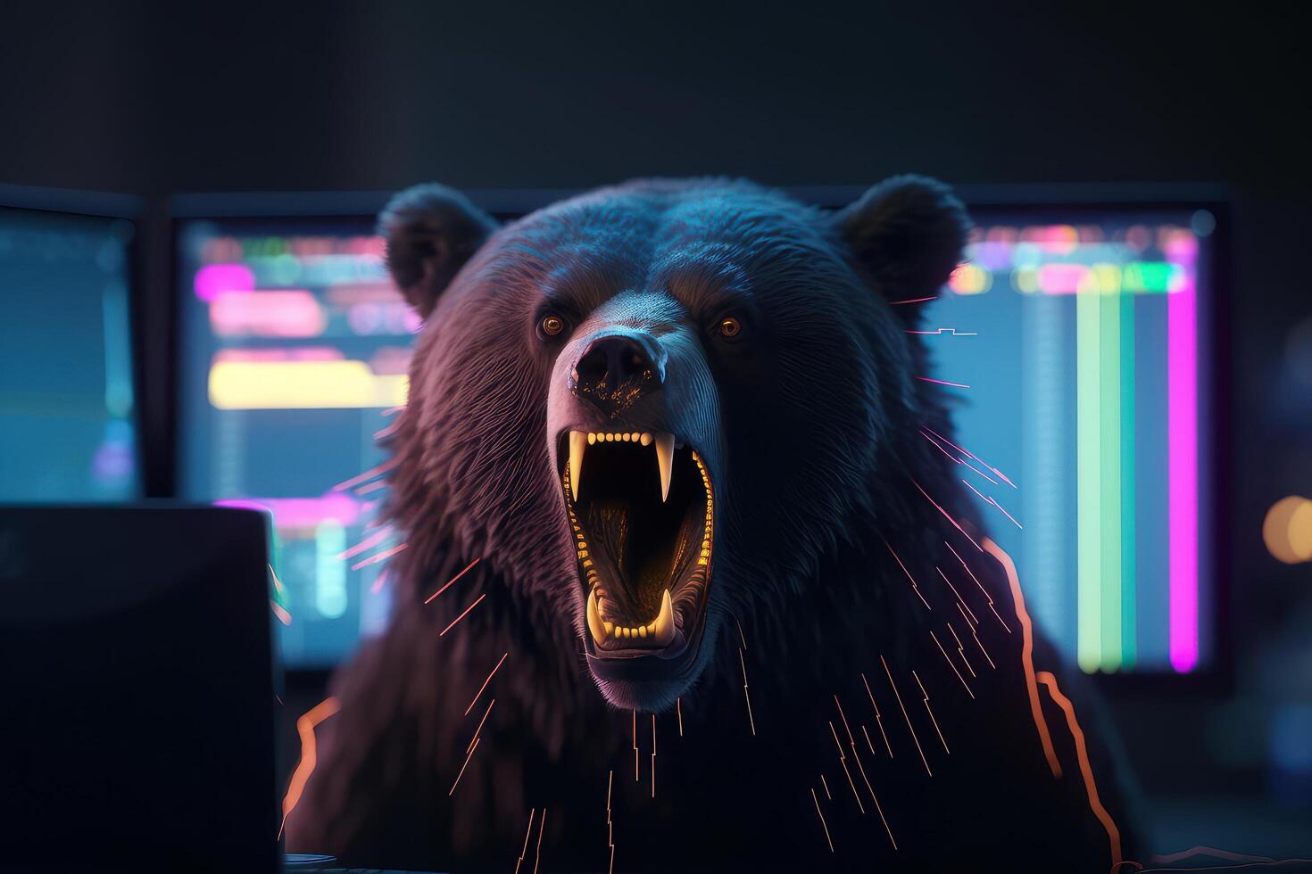 Bear bearish divergence in Stock market and Crypto currency, Bear trading with coloful graph background. Created photo