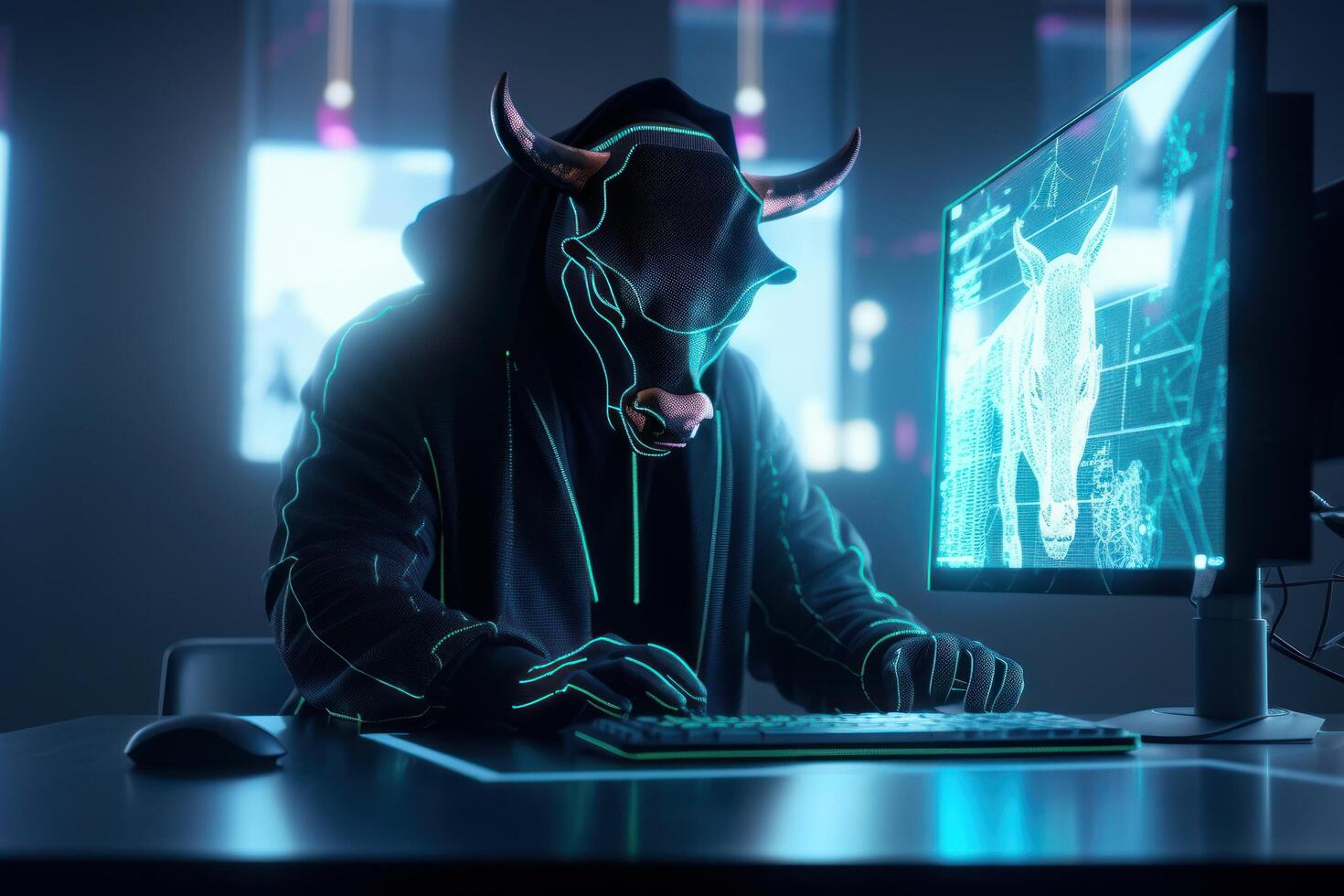Bull trading with computer with graph on screen, Bullish in Stock market and Crypto currency. Created photo