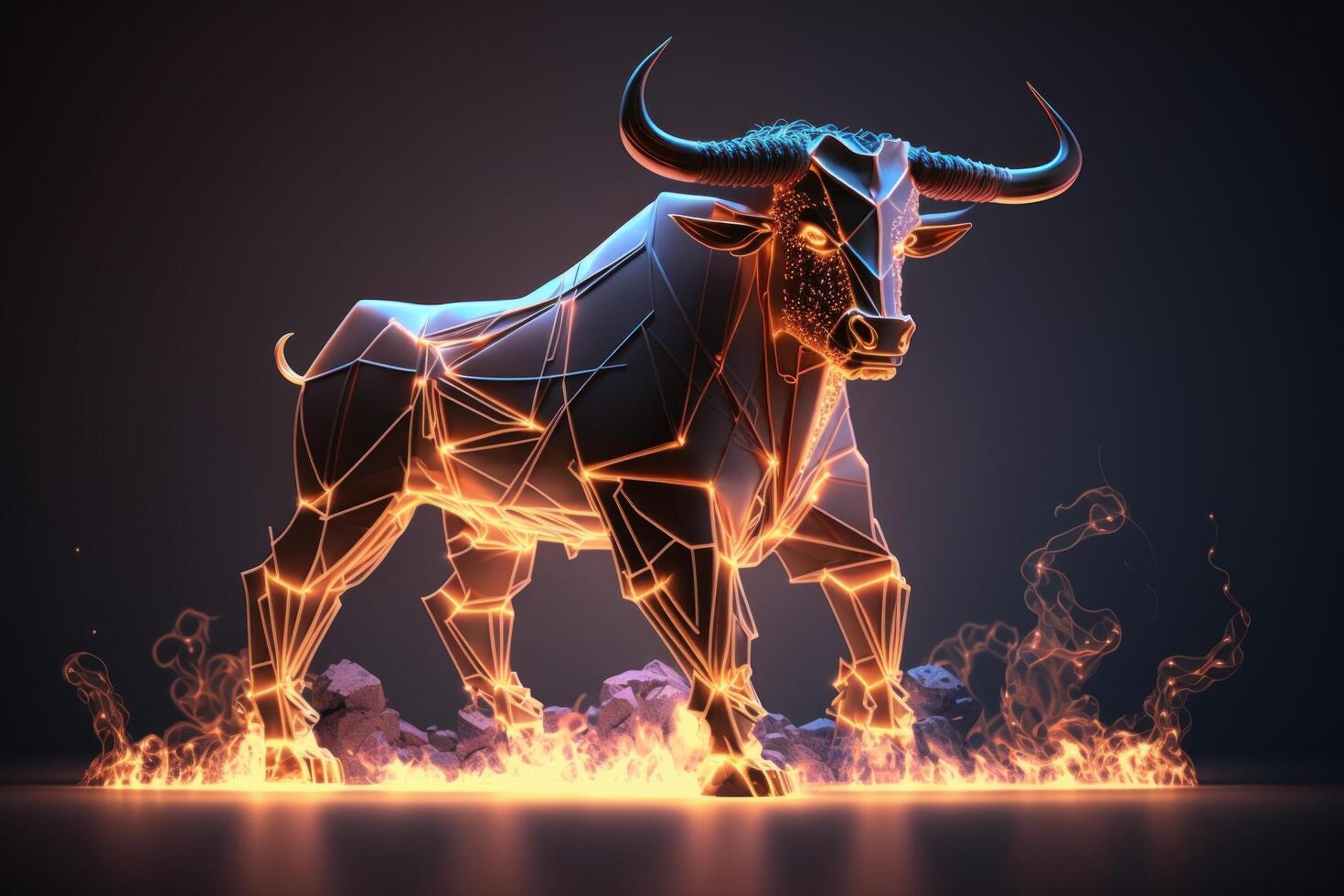 Fire sculpture of Bull, Bullish divergence in Stock market and Crypto currency. Created photo