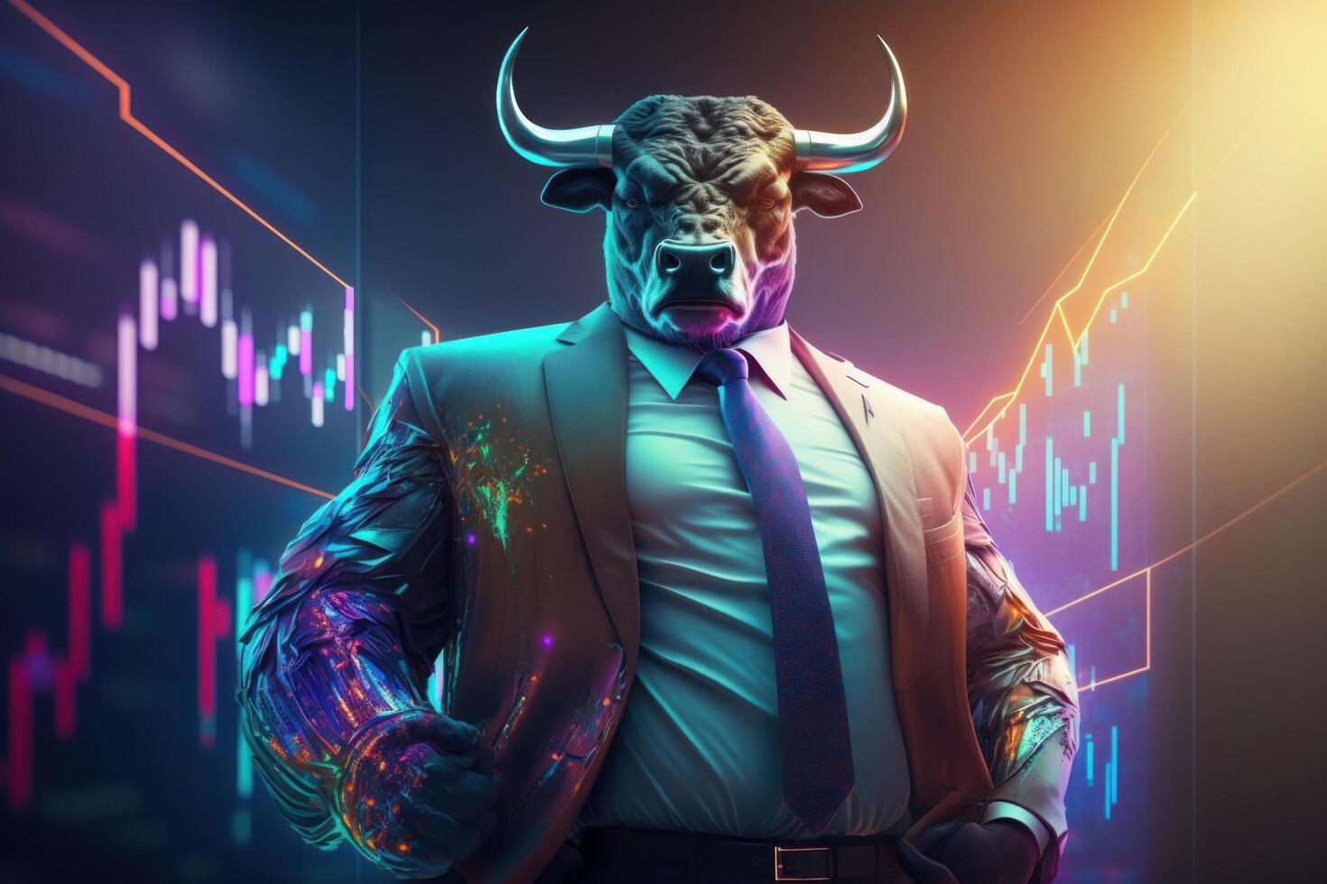 Bull wearing suit working with graph on screen, Bullish in Stock market and Crypto currency. Created photo