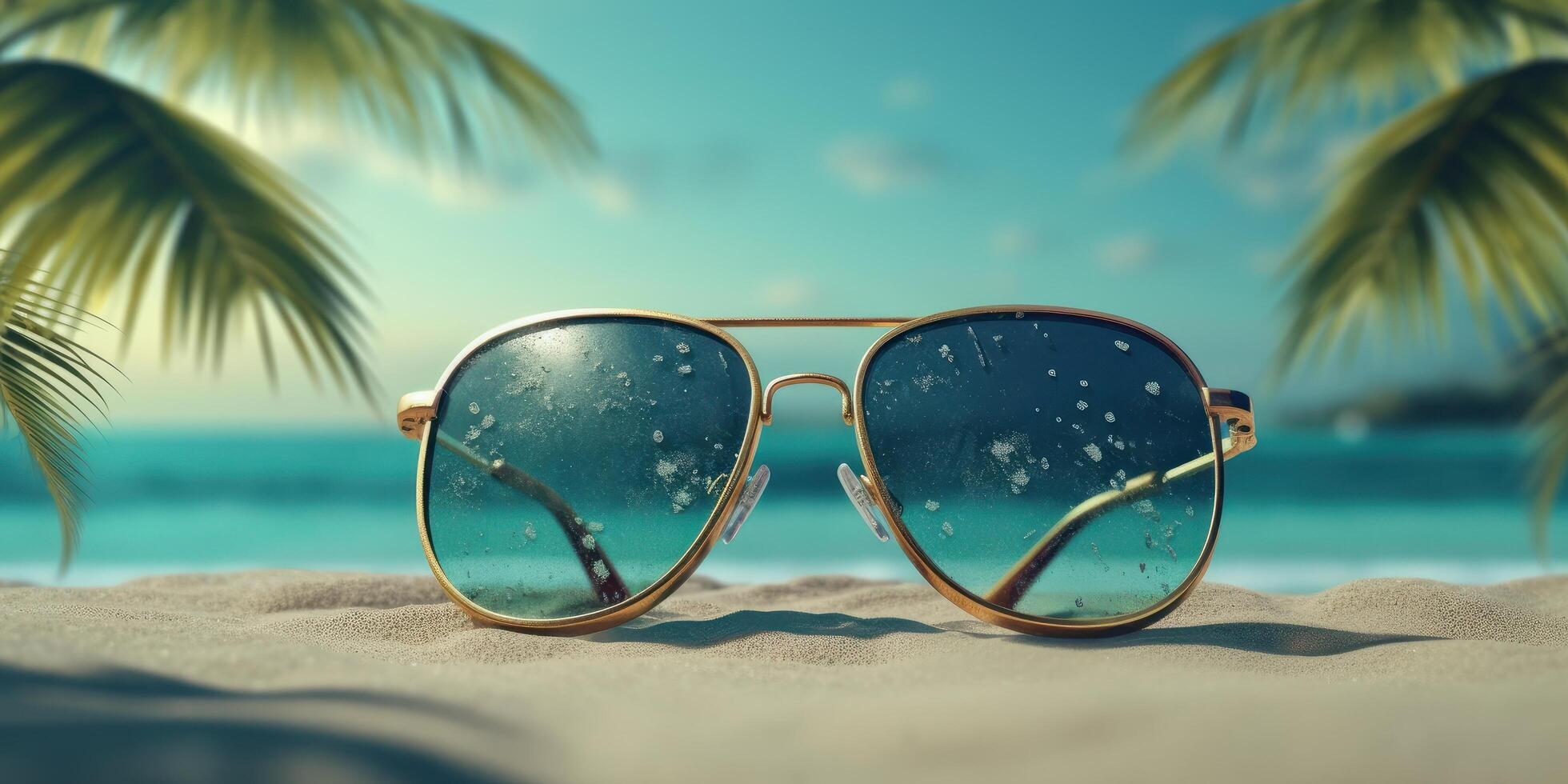 Sunglasses on a tropical beach and sea, Summer festive background. photo