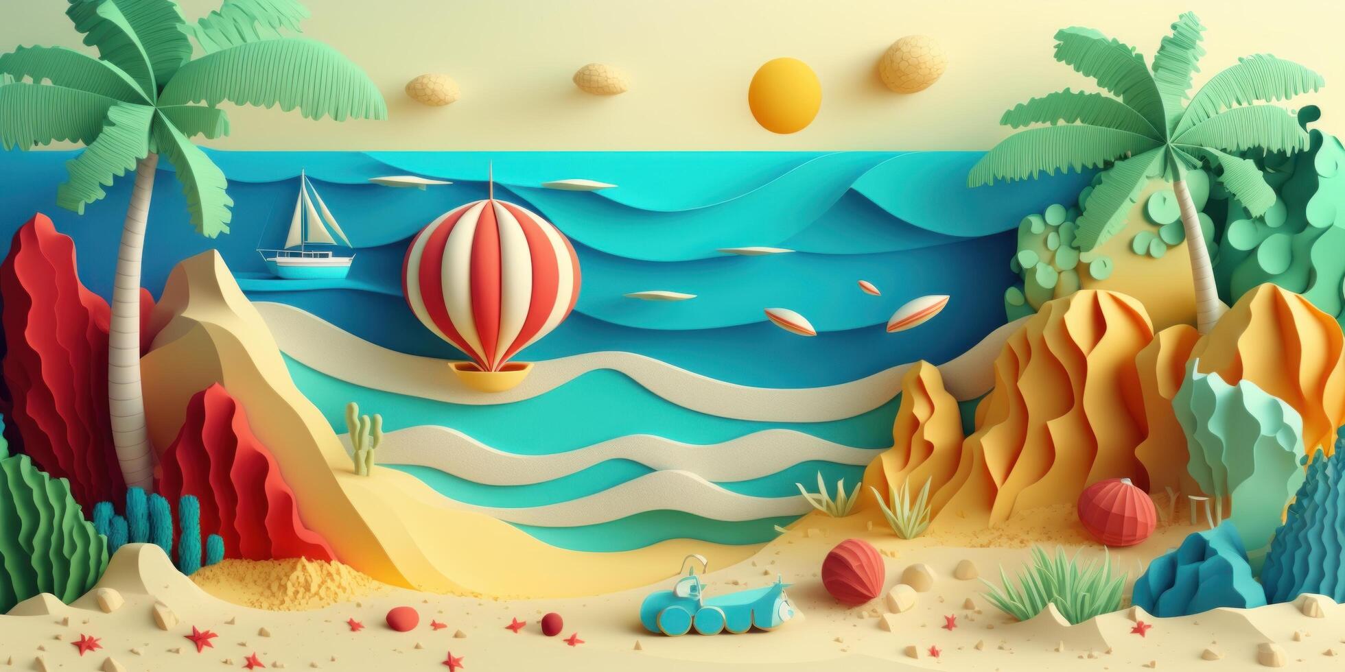 Colorful Summer time background with tropical sea, Paper craft style. photo