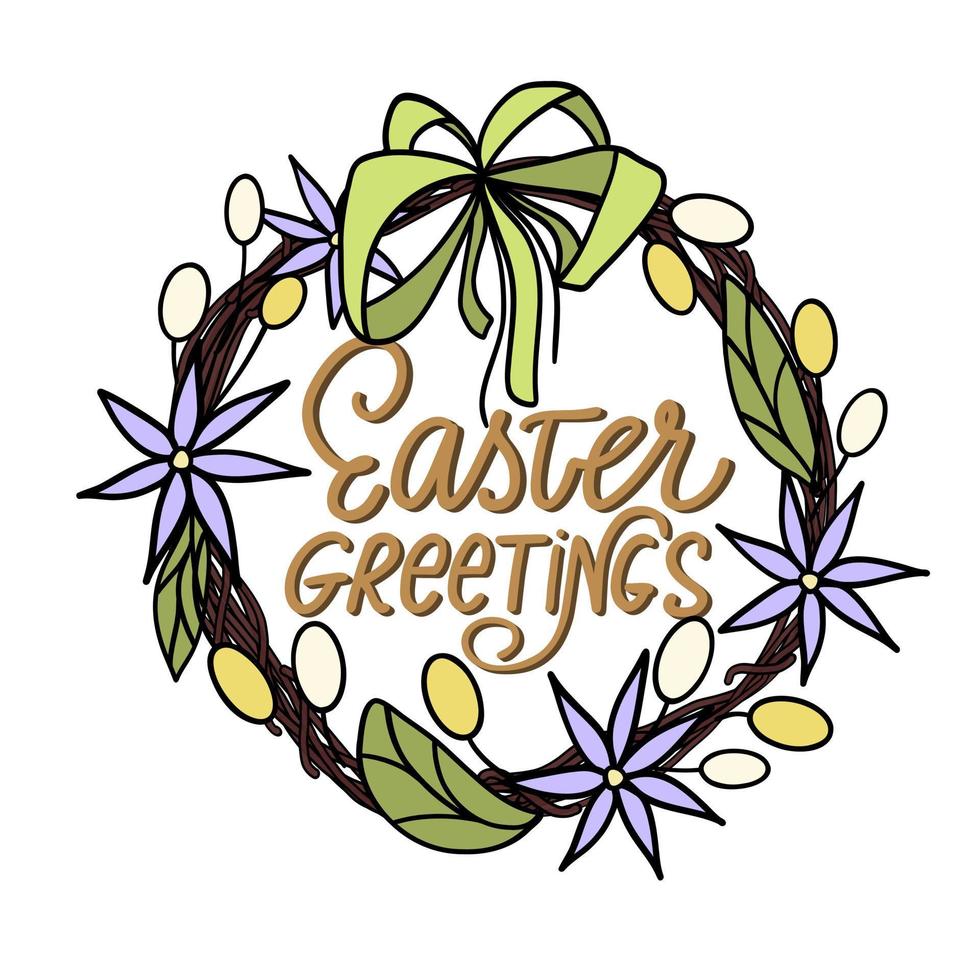 Easter greeting card with text, floral wreath and eggs. Holiday lettering in round plant frame. Vector illustration for print, poster, banner.