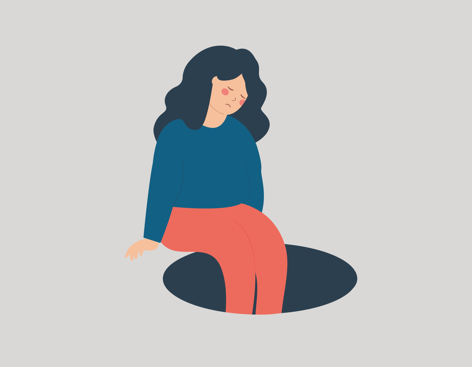 Sad woman is apathy or powerless without motivation. Depressed girl sits on  the edge of a hole and can't see any future prospects. Mental health  disorder or illness concept. Vector illustration 22330238