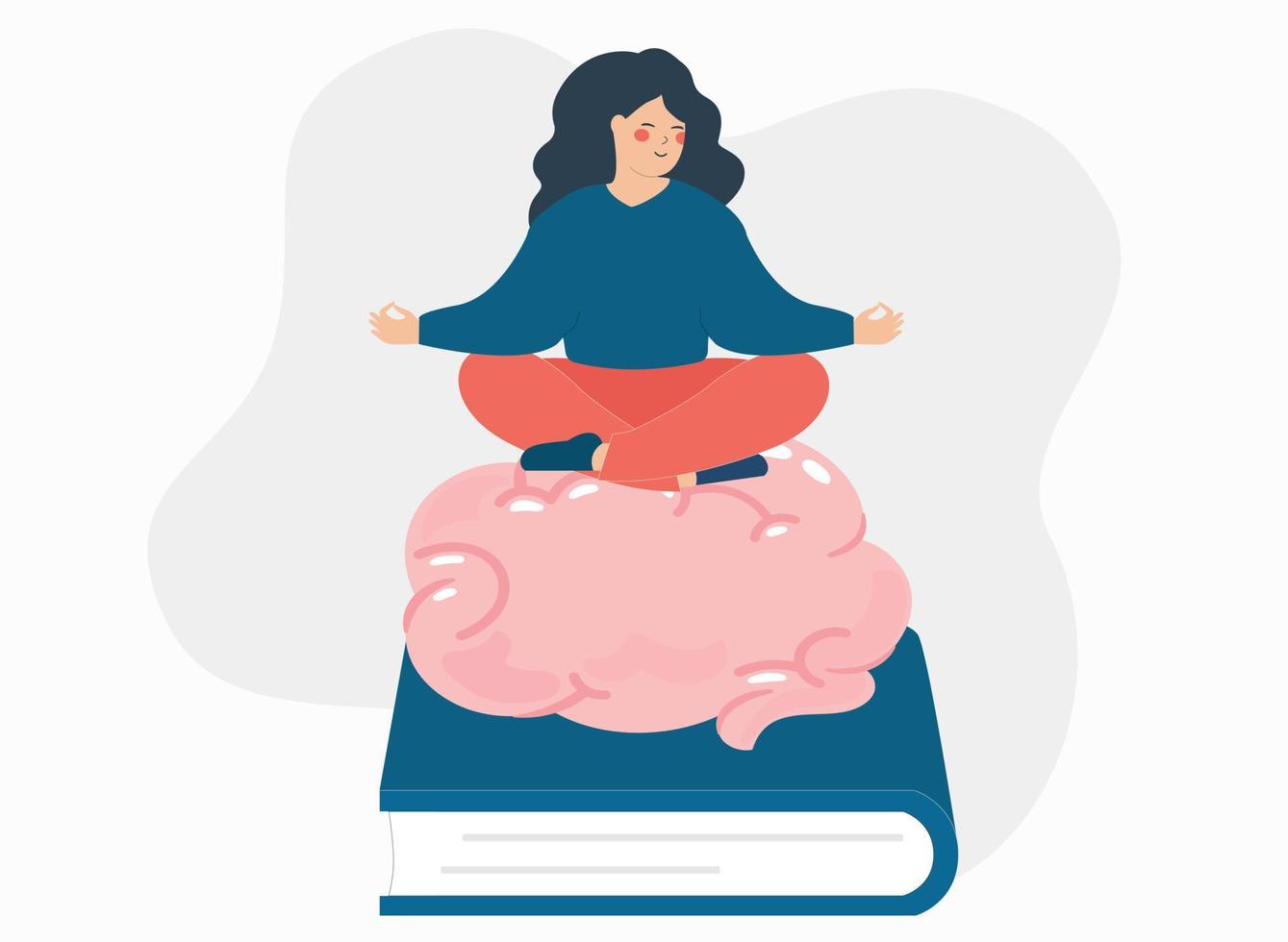 Woman sits on a giant book and a big brain. Girl or student fan of literature shows the importance of reading books and education. Concept of professional career establishment and studies. vector