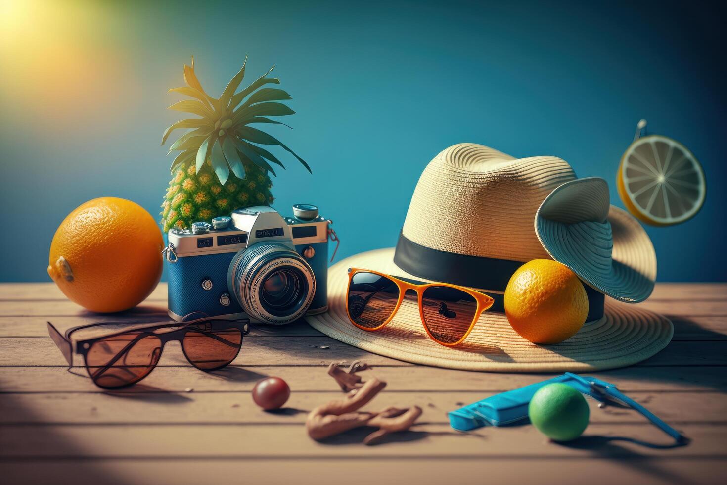 Summer time background with travelling elements. Created photo