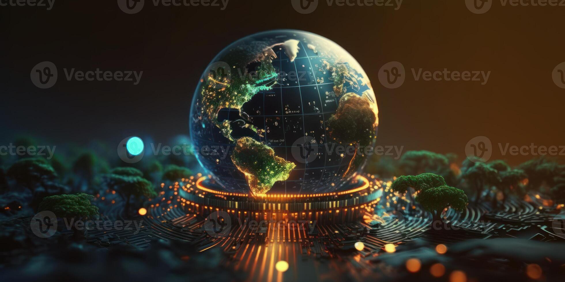 Futuristic cyber earth background, Digital world and Global network connection. photo