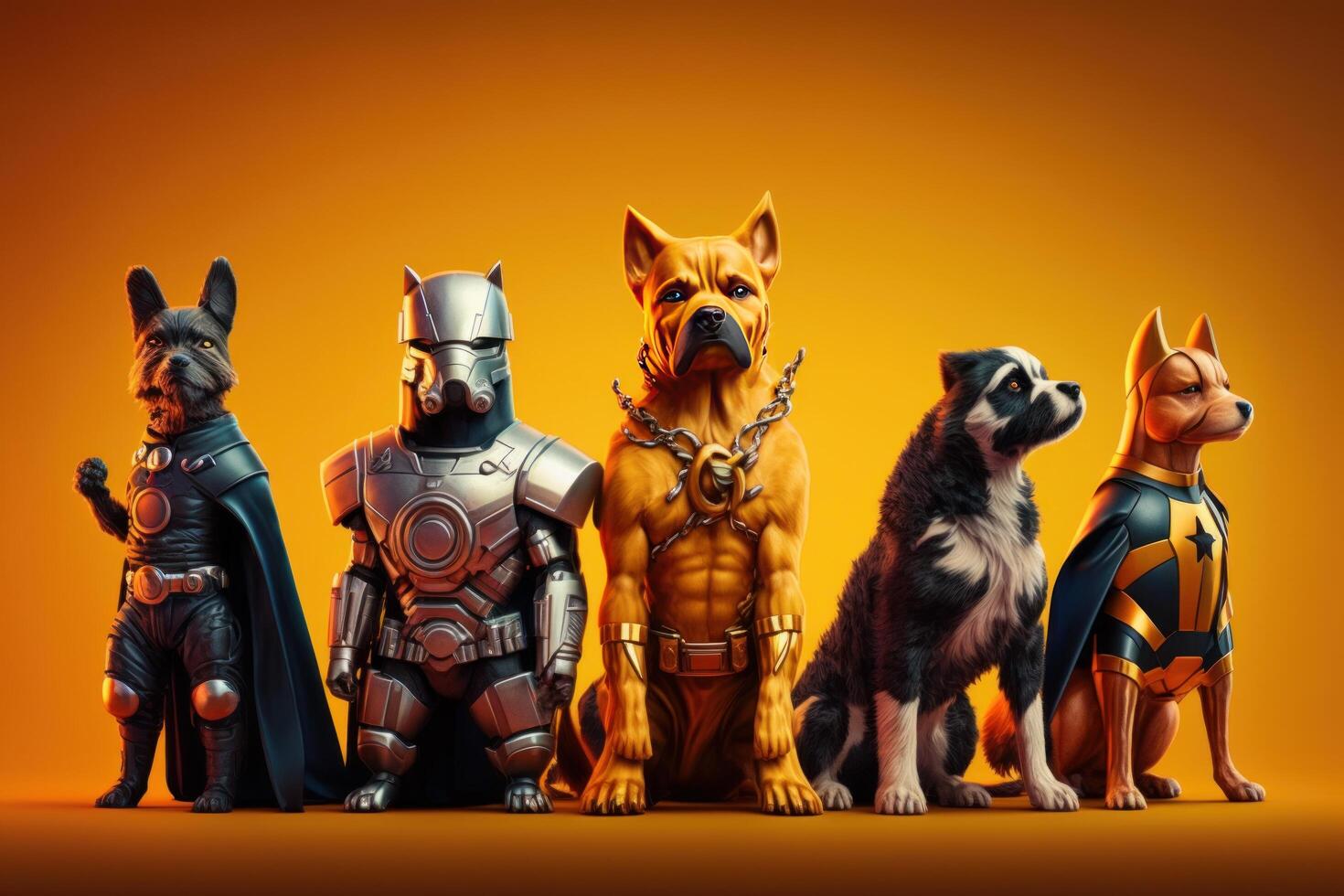 Gang of dog as superheroes with cape on orange background. Created photo