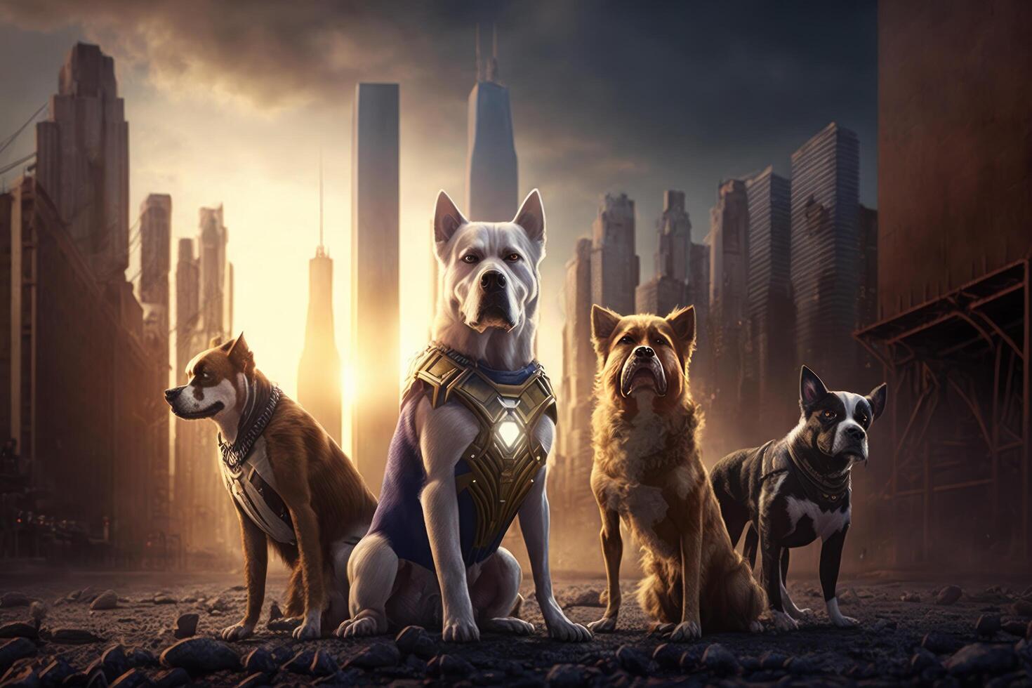Gang of dogs as superheroes with cape on cityscape background. Created photo