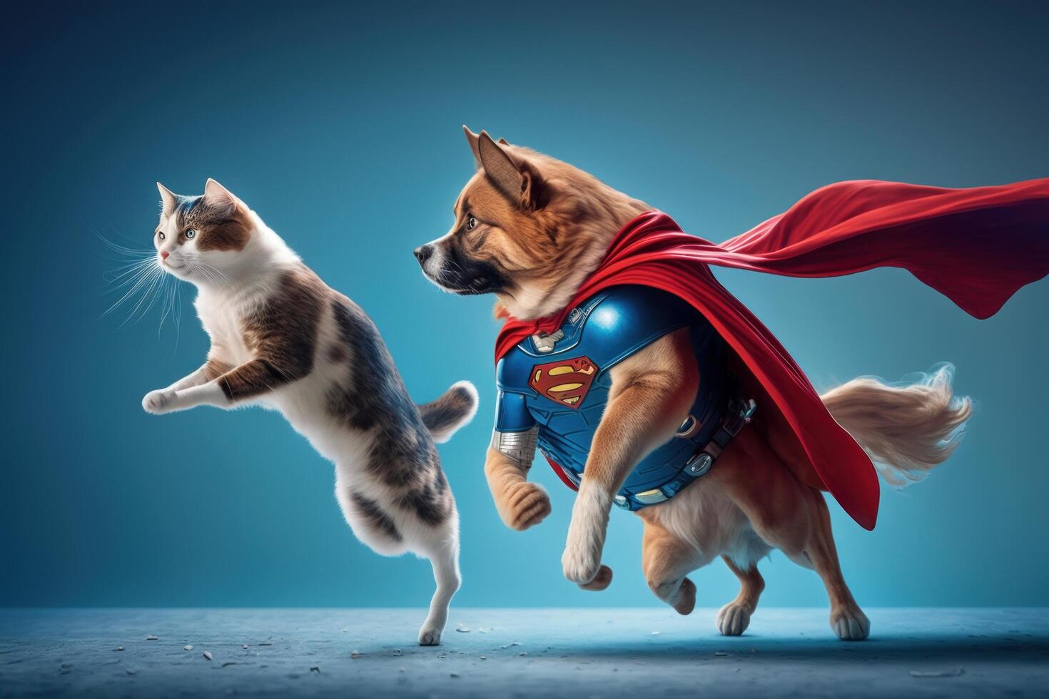 supermascota gato y perro como superhéroes con capa en azul antecedentes. creado generativo ai foto