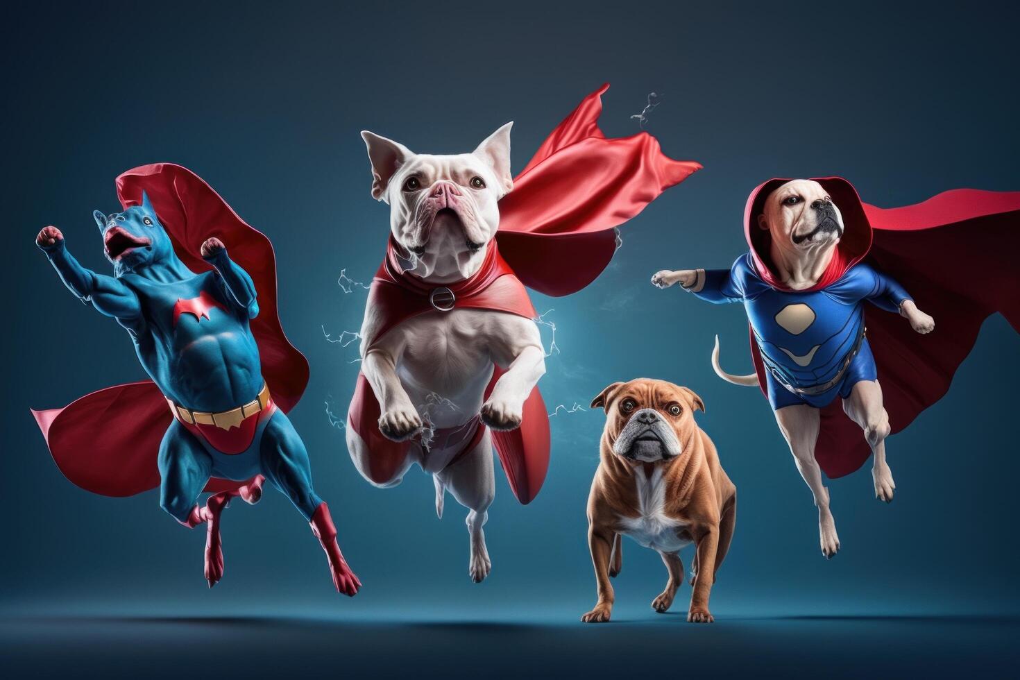 pandilla de perro como superhéroes con capa en azul antecedentes. creado generativo ai foto