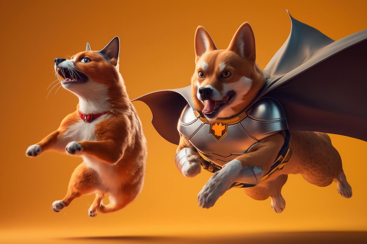 Superpet Cat and Dog as superheroes with cape on orange background. Created photo