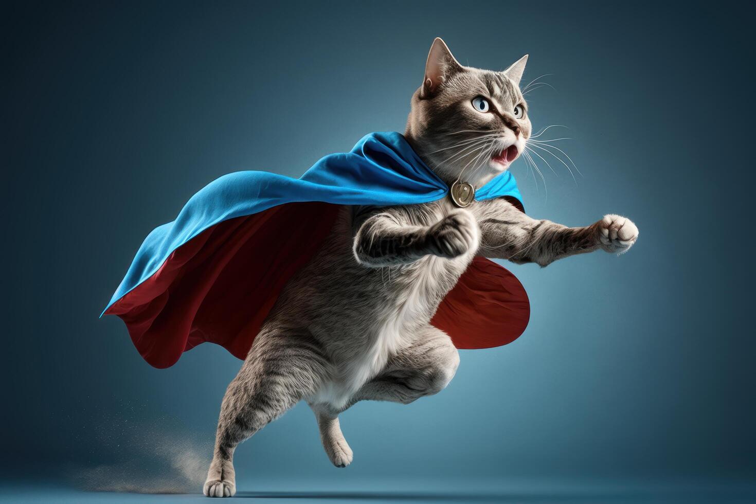 supermascota gato como superhéroe con capa en azul antecedentes. creado generativo ai foto