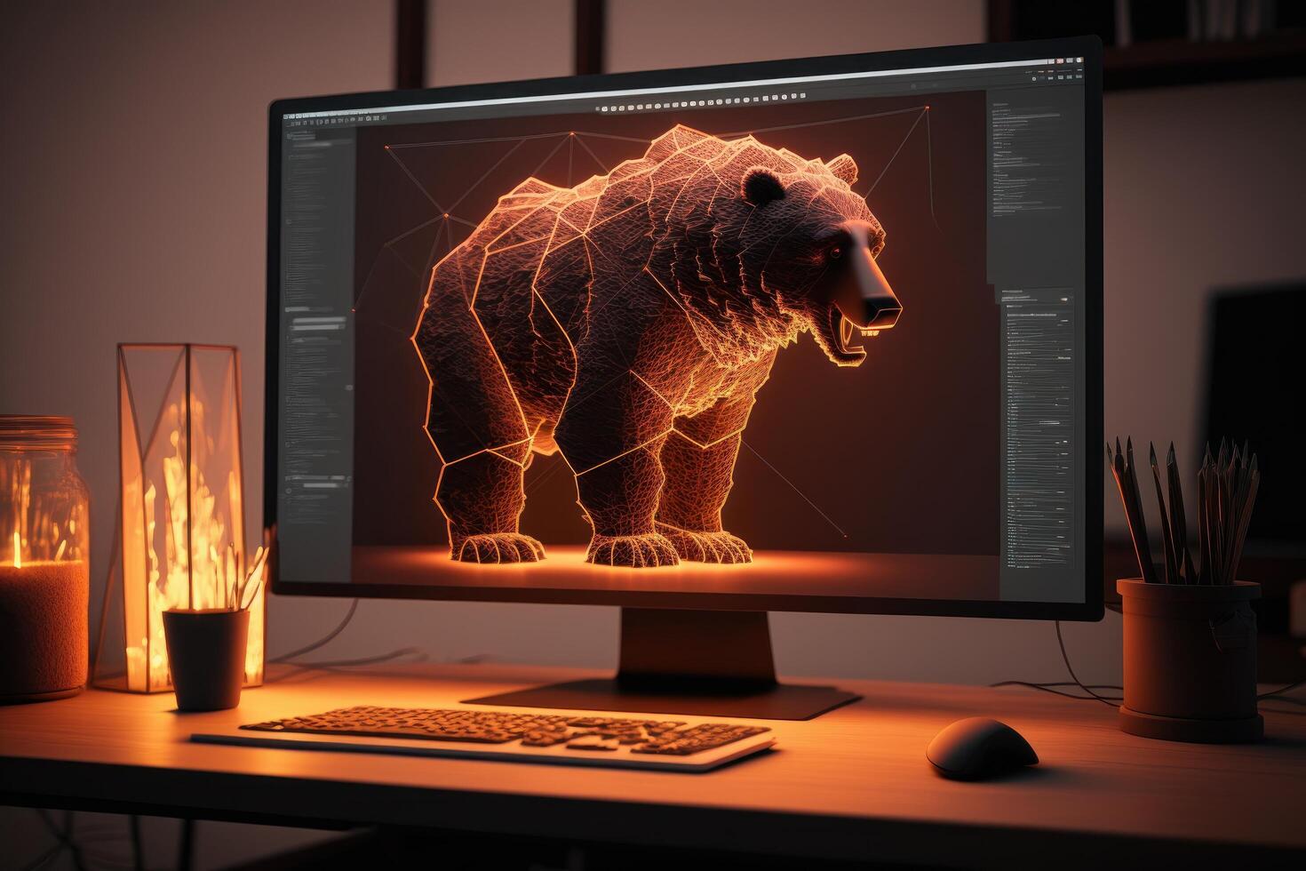 Fire sculpture of bear in front of computer screen, Bearish divergence in Stock market and Crypto currency. Created photo
