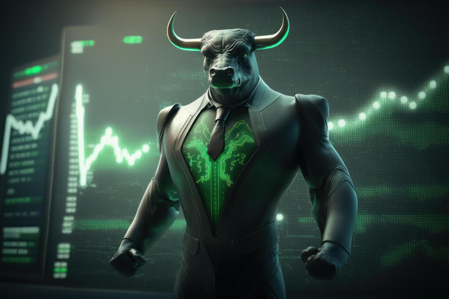 Bull bullish divergence in Stock market and Crypto currency with green graph background. Created photo