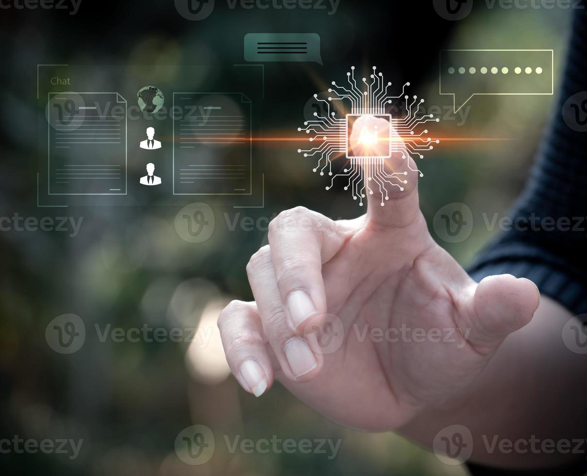 Businesswoman pressing virtual buttons chat with AI on virtual screen. Technology and communication concept. using technology smart robot AI photo