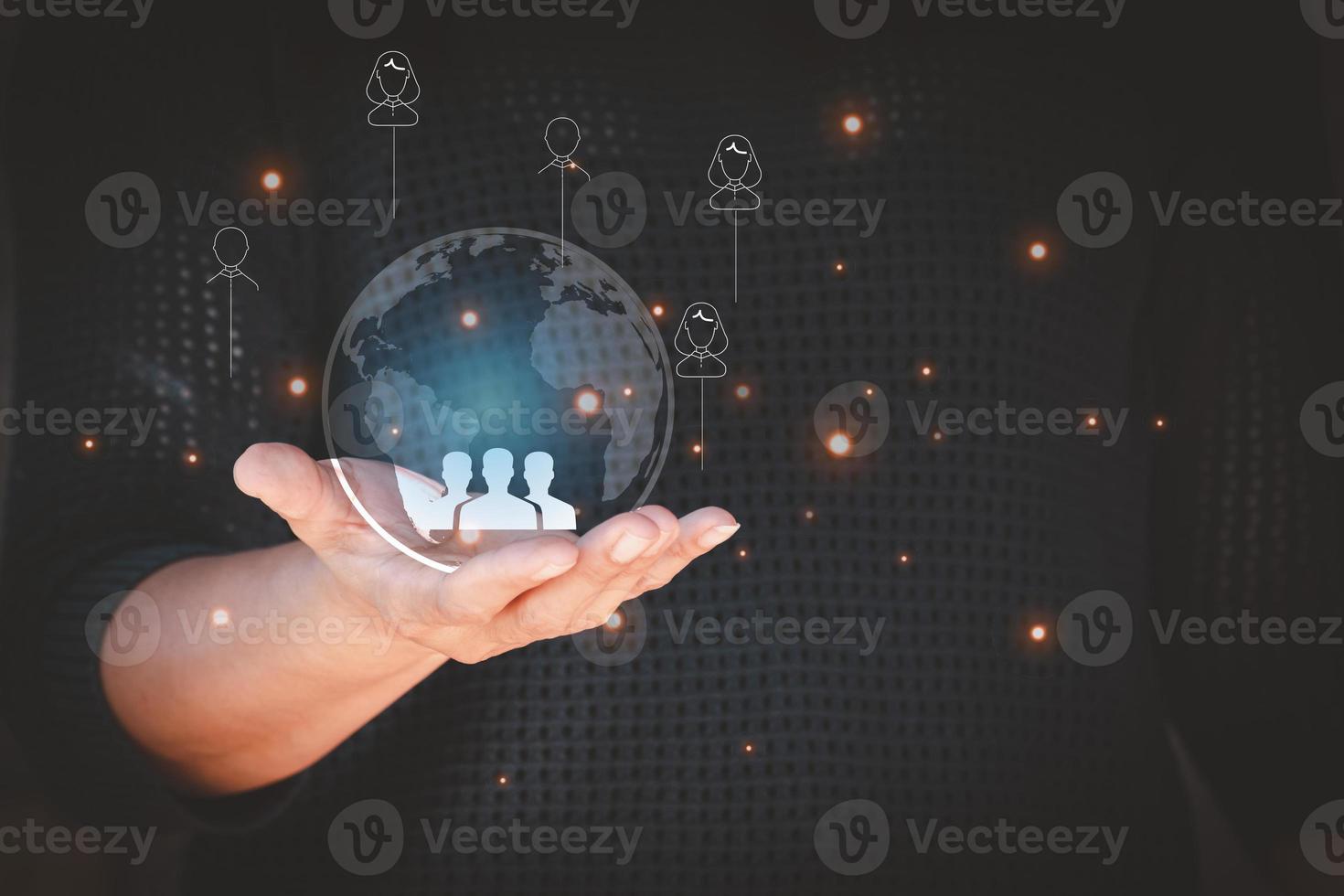 woman holding Global network connection. Big data analytics and business intelligence concept. World map point and line composition concept of global business. Digital link tech. photo