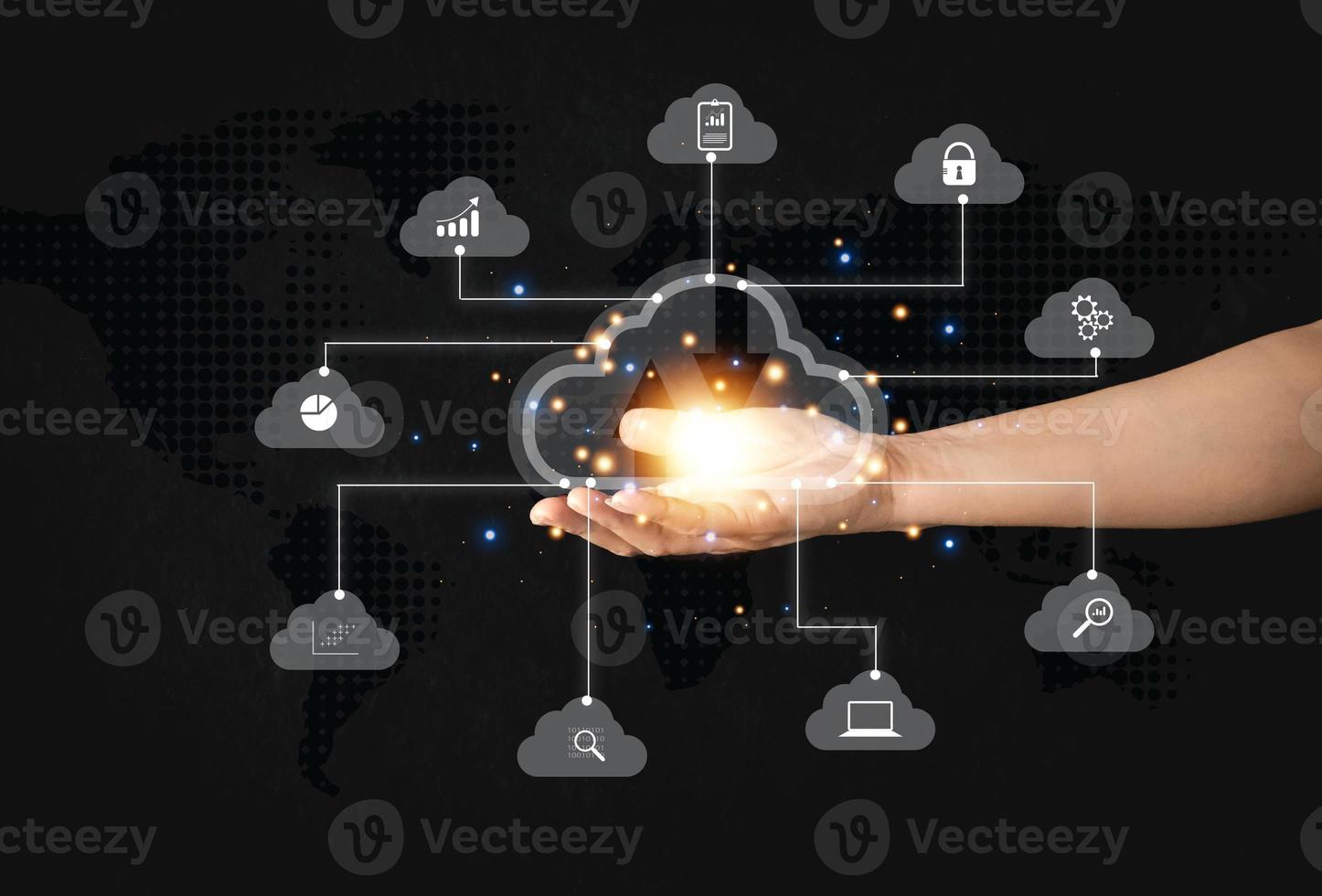 hand businesswoman. Big data analytics and business intelligence concept with chart and graph icons on a digital screen interface and a businessman in background. photo