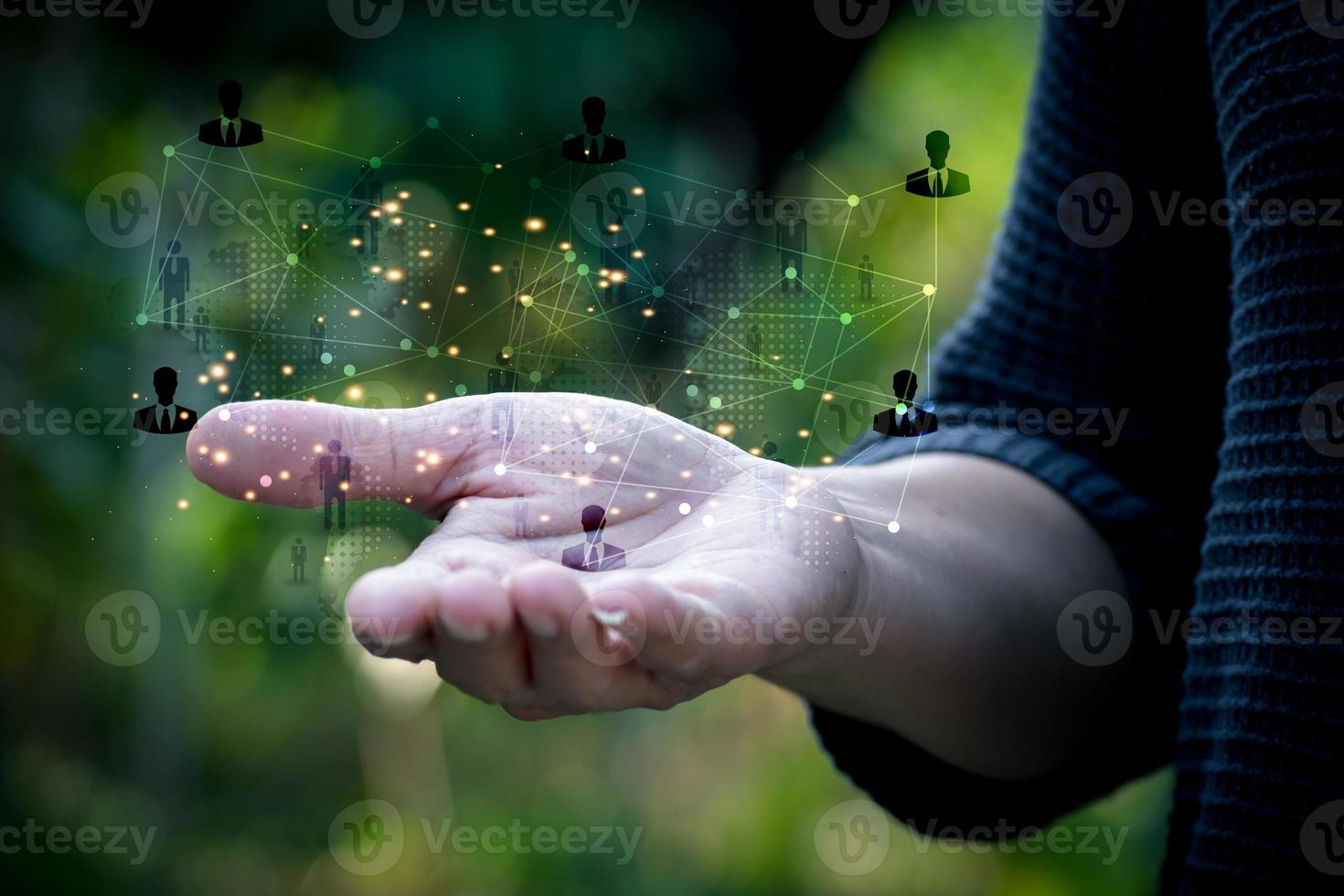 Social network structure with customer relationship management on nature background, Business and technology concept. digital marketing online. photo